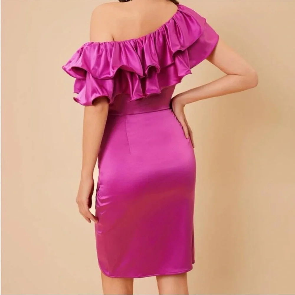 Pink Asymmetrical Neck Ruffle Trim Dress - Picture 5 of 6